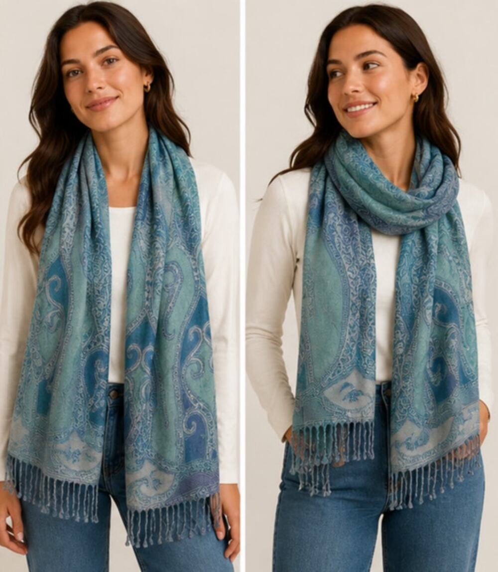 Blue & Teal Paisley Pashmina Style Scarf Lightweight Fringe Boho